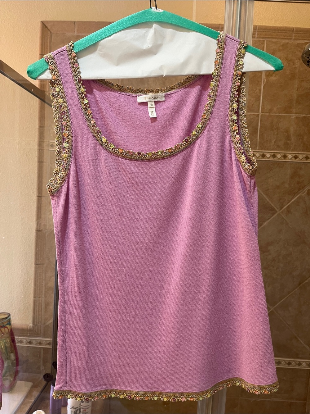 Escada Lavender Beaded-Trim Sleeveless Tank Top